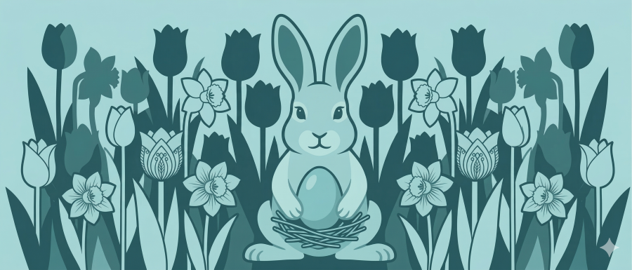 Grafisches Symbolbild mit Osterhasen und Blumen