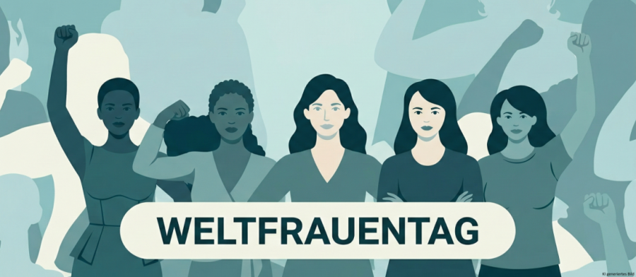 Ein grafisches Bild mit mehreren Frauenfiguren und dem Text "Weltfrauentag"